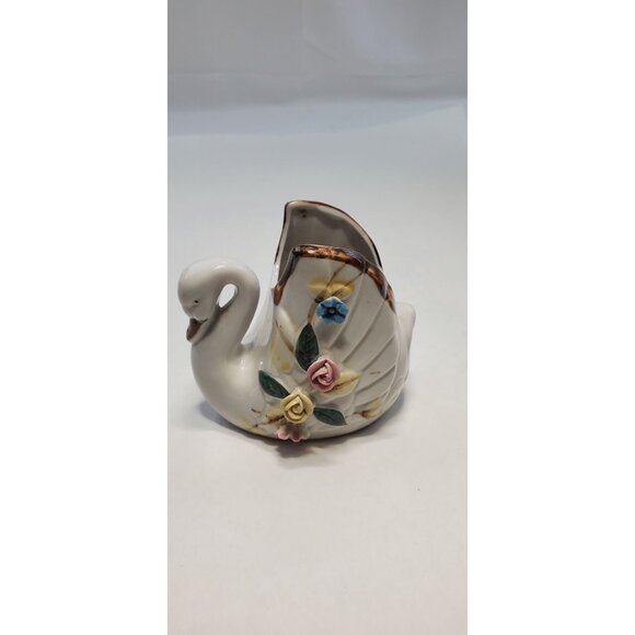 Vintage Small Swan Figurine Planter White Porcelain Hand Painted Floral Design - Picture 1 of 7